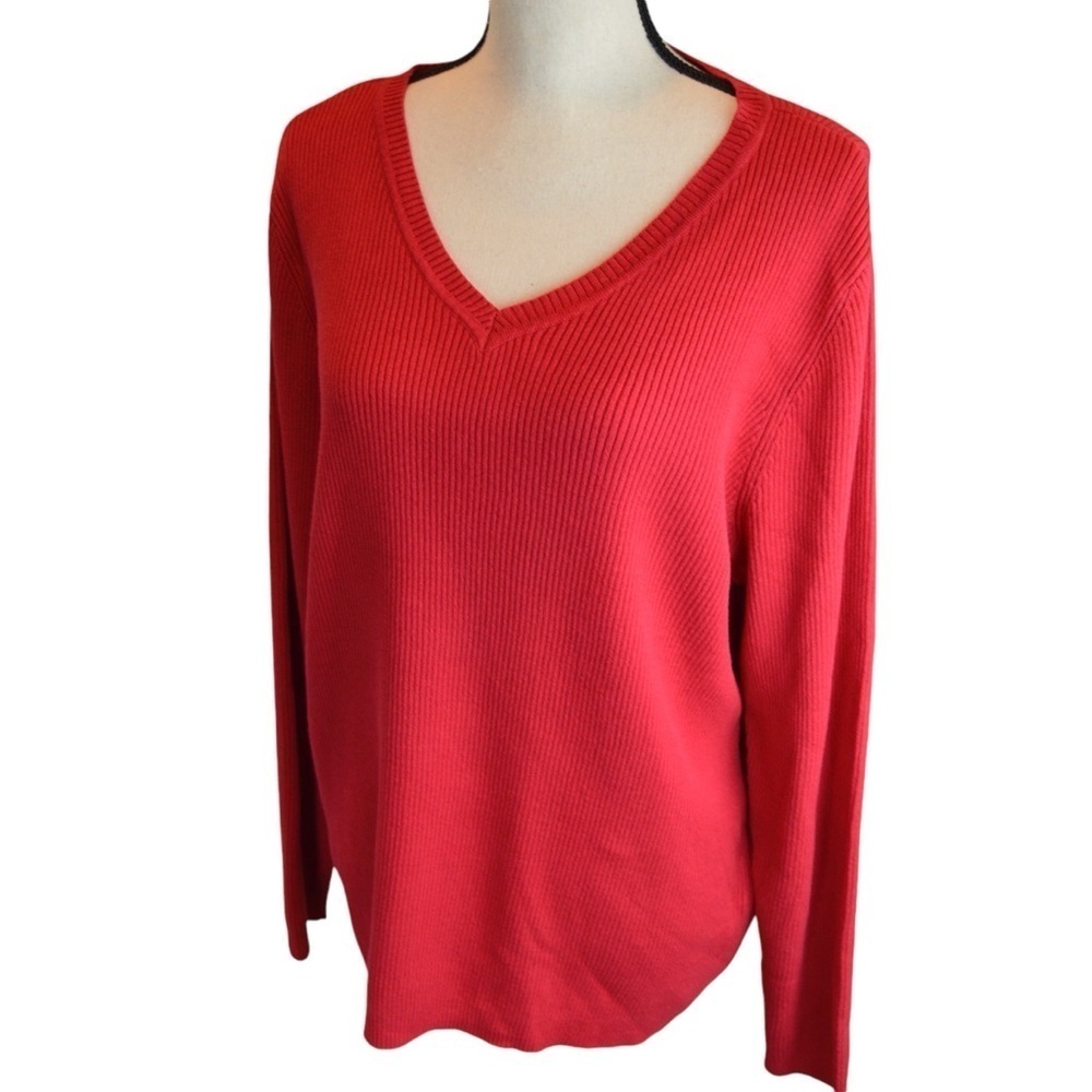 Karen Scott Red Amore Solid V Neck Cotton Ribbed Knit Pullover Sweater XL, NWT